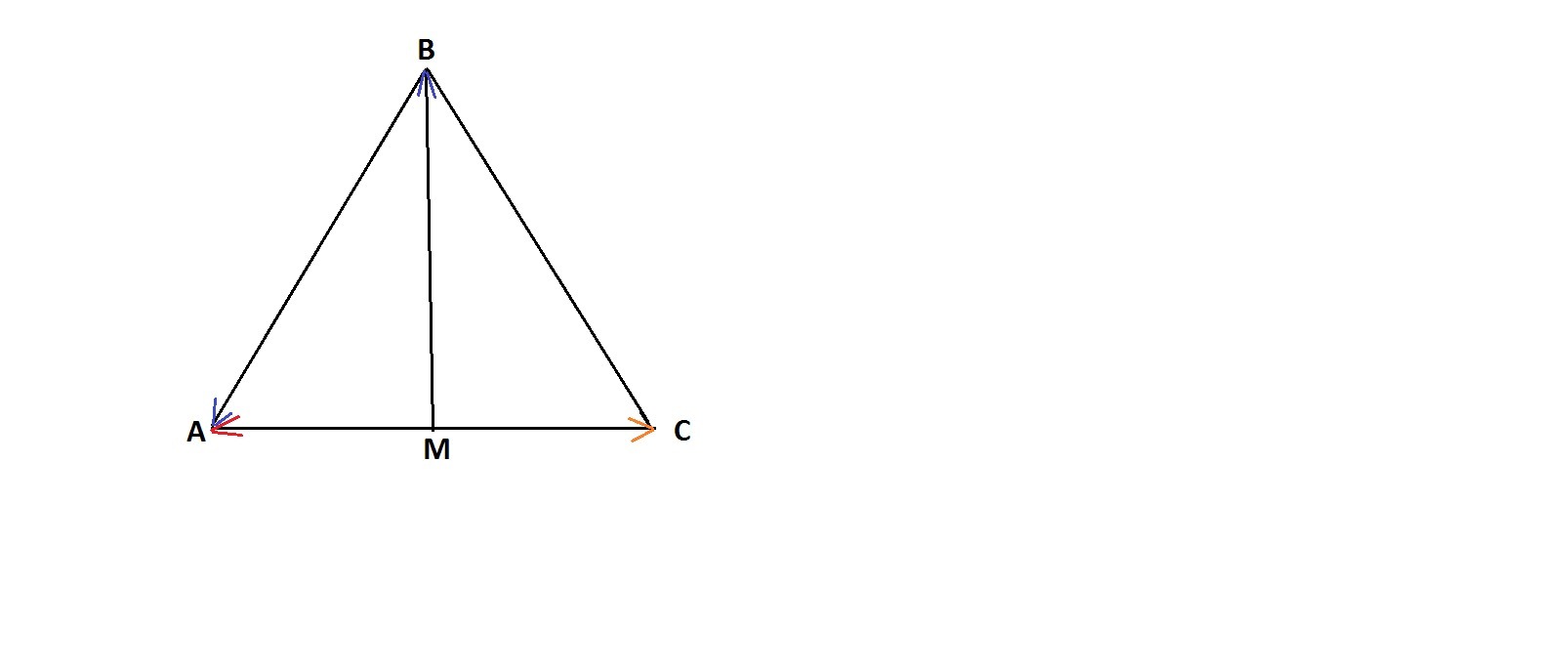 Точка м середина стороны ас. Равнобедренный треугольник с медианой ВМ. Середина равнобедренного треугольника. Прямая посередине равнобедренного треугольника. Геометрия АВ*вс.