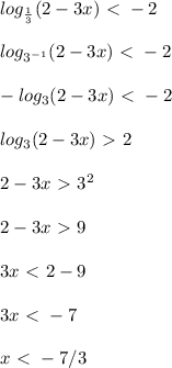 Изображение к ответу ОДЗ2-3х>03x<2x<2/3Объединим с ОДЗх∈(-∞; -7/3)