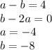 Изображение к ответу Получаем систему:Ответ: а=-4; b=-8