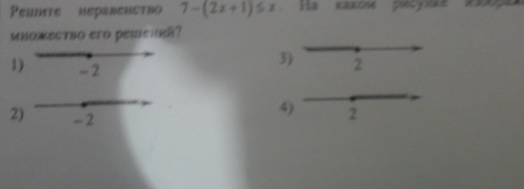 Приложение решите неравенство 7-(2x+1)≤x . на каком рисунку изображено множество его решений? Загрузить png