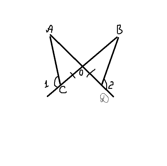 Дано ао ос. Пересекающиеся углы в точке o. Пересекаются в точке o. Отрезки АВ И СД пересекаются в точке k,. Докажите что OA=ob.