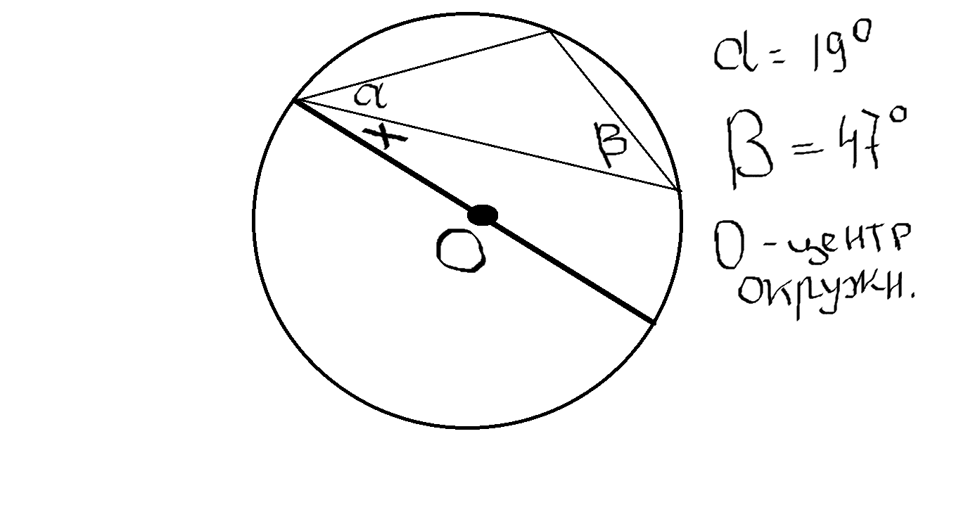 По данным рисунка найдите угол х о центр окружности а 19 б 47