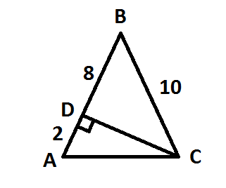 В равнобедренном треугольнике ABC (AB=BC),[CD]- высота. Точка D делит сторону[AB] на отрезки AD = 2см и BD = 8см. Найдите периметр треугольника ABC.Загрузить png